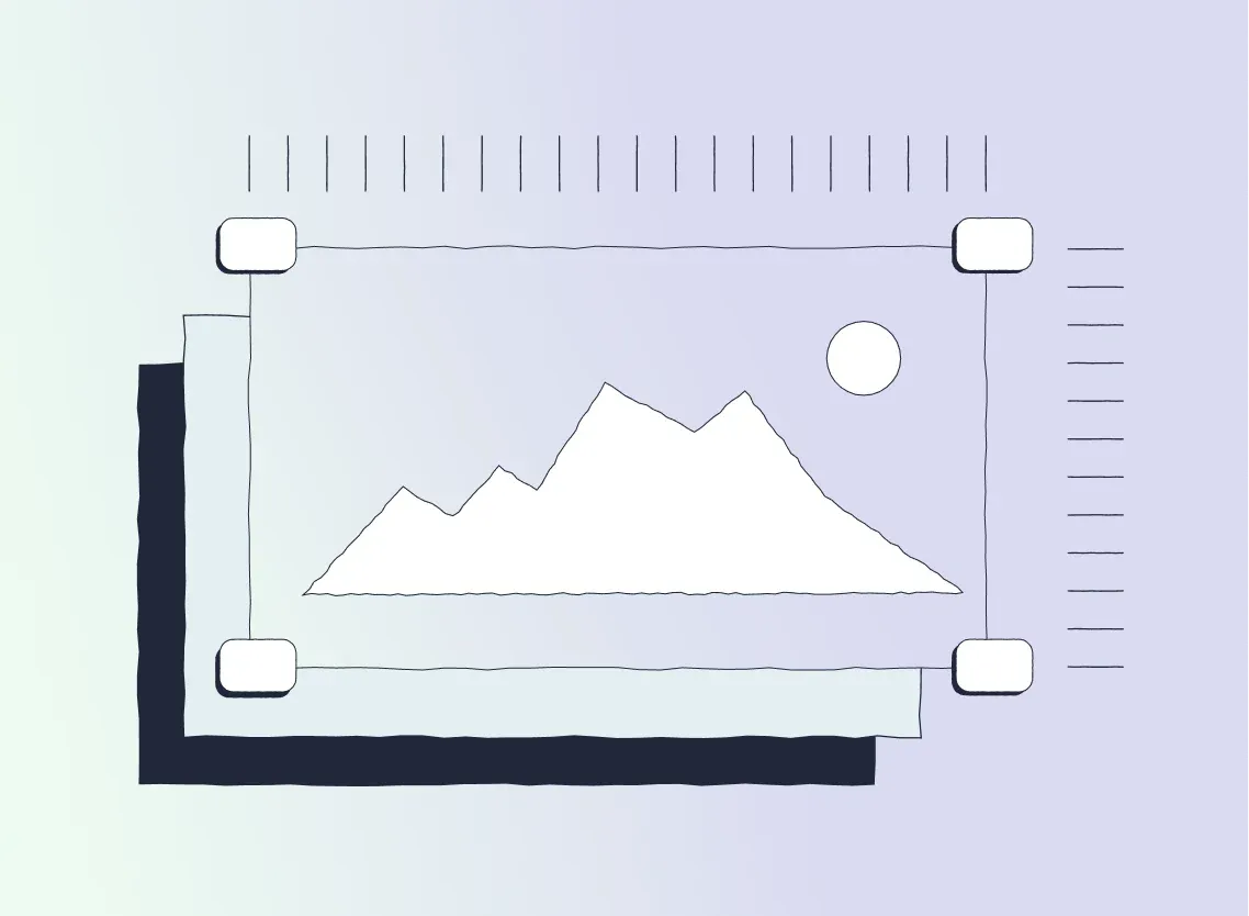 Graphic of a cropping/resizing frame with corner handles around a mountain silhouette and sun, overlaid rulers and layered shadowed panels.