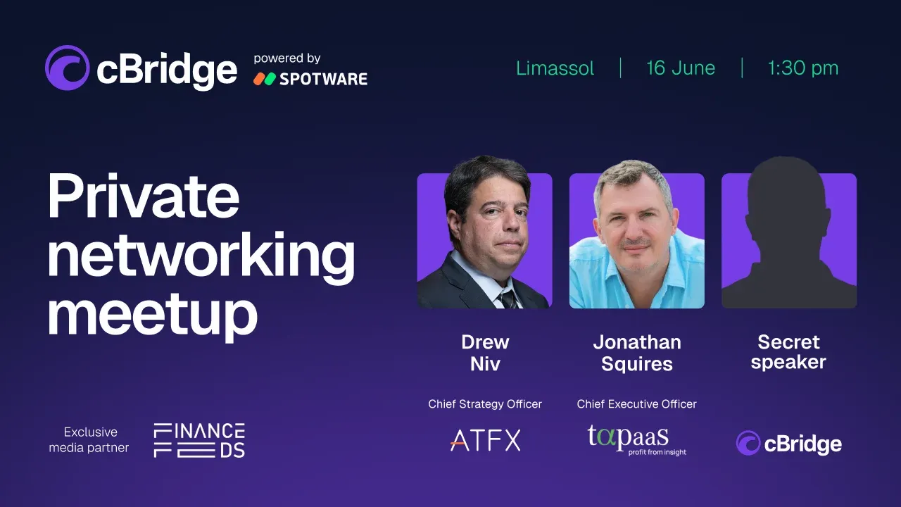 Purple event poster for cBridge private networking meetup in Limassol on 16 June at 1:30 pm, two speaker photos and one silhouette, partner logos.
