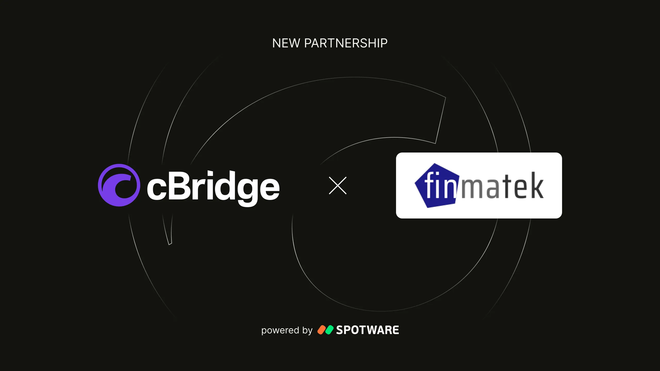 Dark banner with cBridge logo left, finmatek logo right separated by an x, New Partnership above and powered by Spotware below.