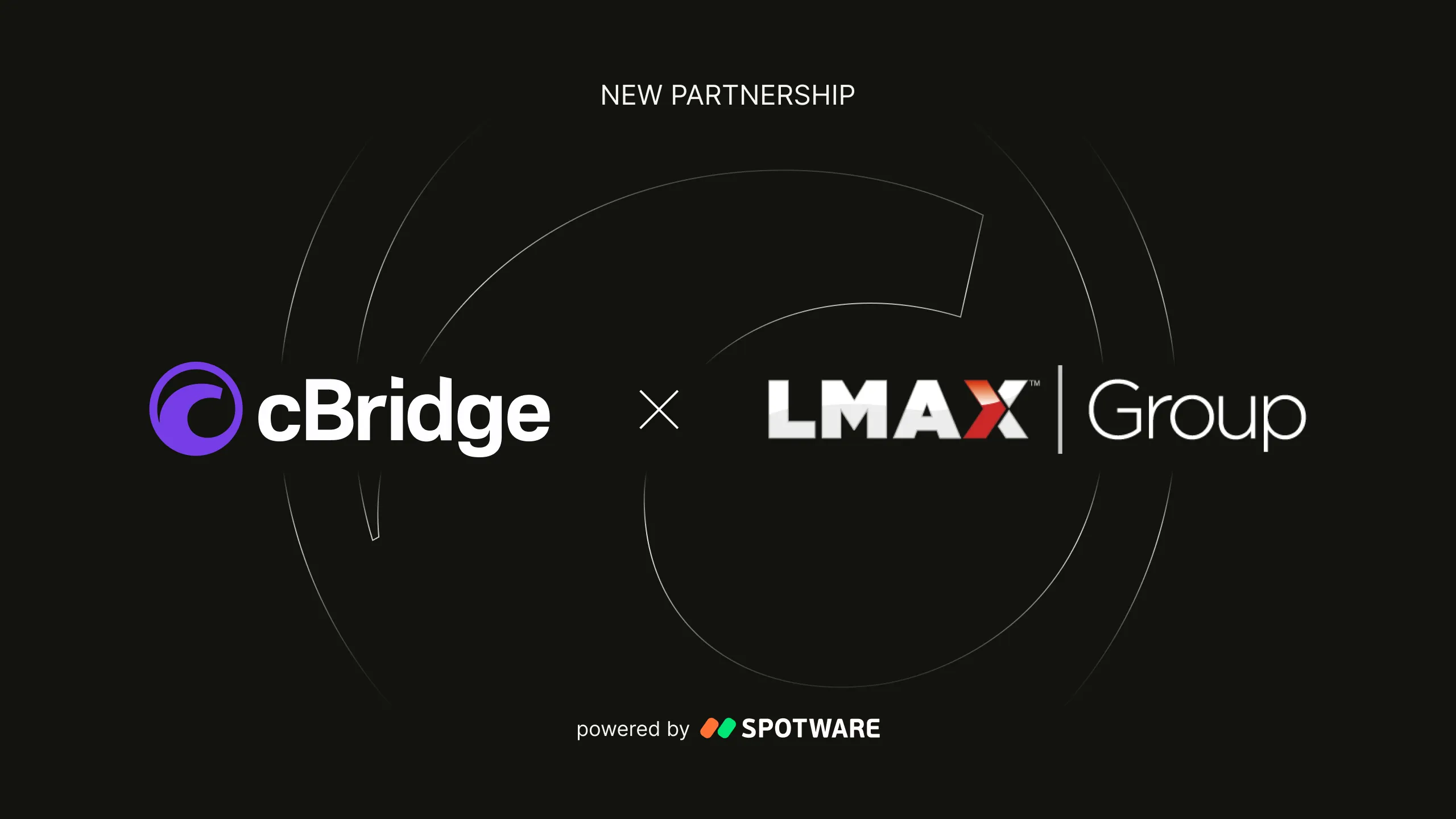 Dark banner stating 'NEW PARTNERSHIP' with cBridge logo left, LMAX Group logo right, and 'powered by Spotware' text below.
