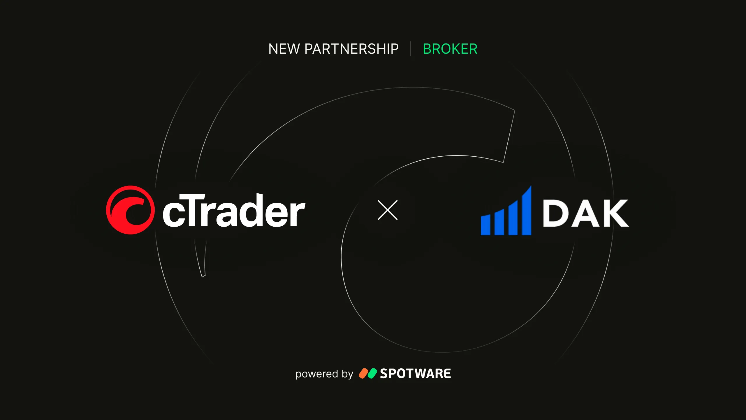 Dark banner reading 'New Partnership | Broker' with cTrader logo left and DAK logo right.