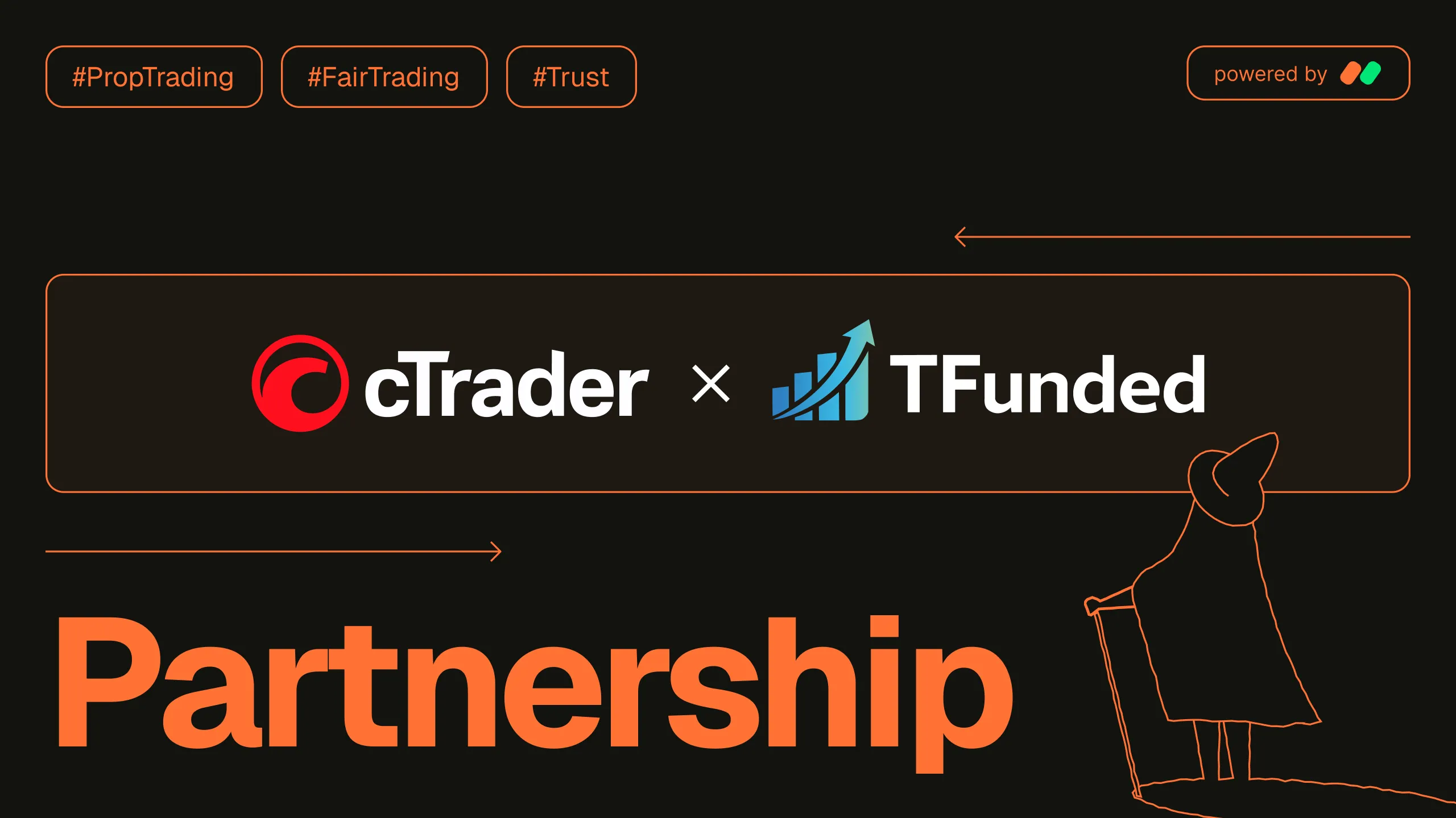 A cTrader and TFunded partnership announcement features logos and hashtags #PropTrading, #FairTrading, and #Trust on a dark background.