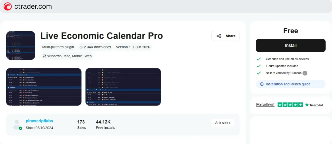 Live Economic Calendar Pro plugin listing in cTrader Store
