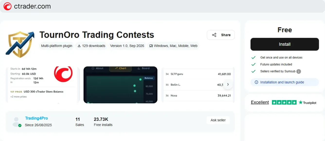 TournOro Trading Contests plugin listing in the cTrader Store