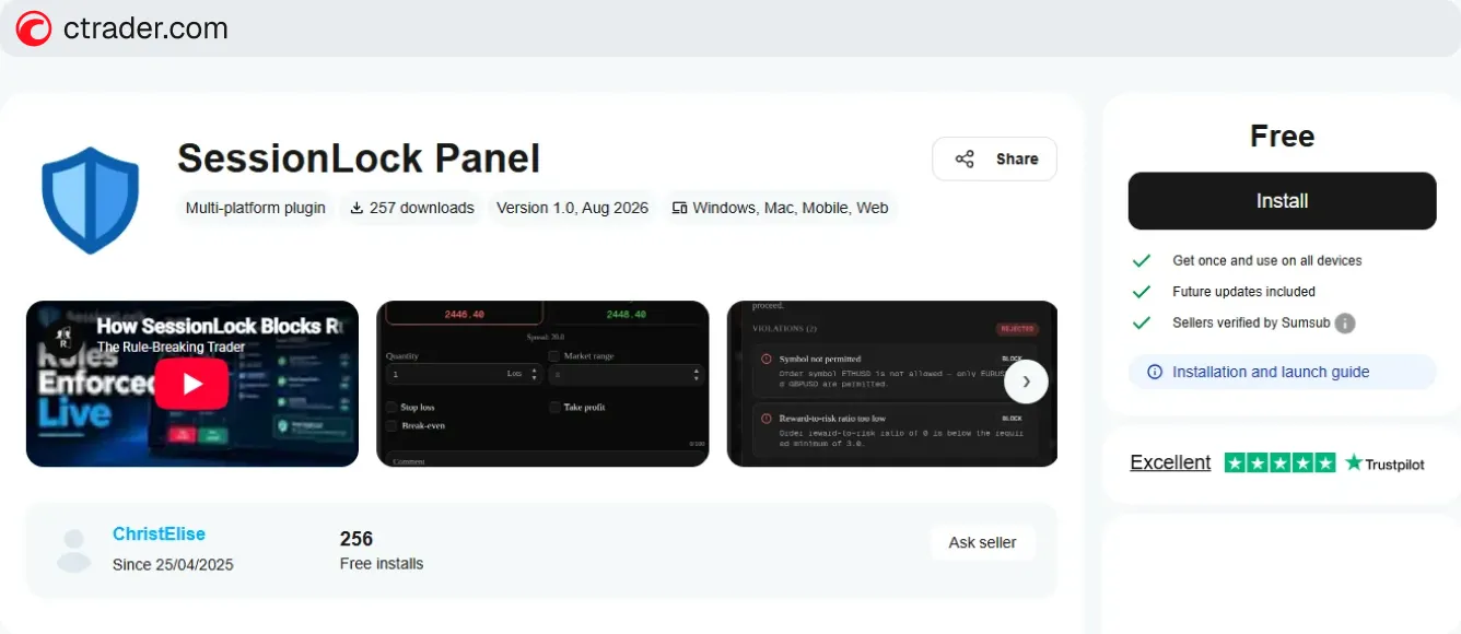 SessionLock Panel plugin listing in the cTrader Store